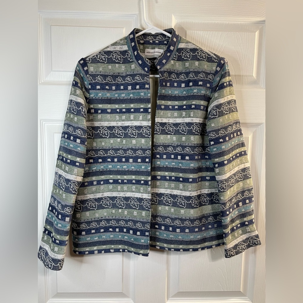 Alfred Dunner Jacket Womens Petite Green Blue Embroidered Leaves
